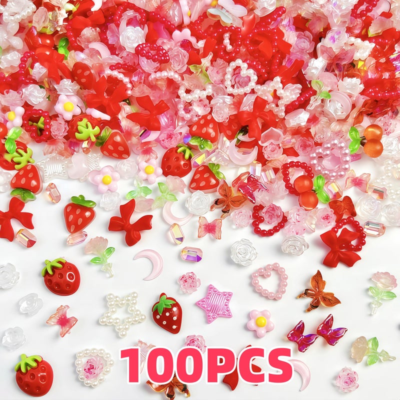 SHUXILIN 100 قطعة زينة أظافر ثلاثية الأبعاد زهور الفراولة الوردية والحمراء، زينة أظافر الكرز والورد والكاميليا والفراشة، إكسسوارات ريزين، زينة مسطحة للأظافر، تصميم مجوهرات الأظافر على شكل قمر ونجوم للنساء، مستلزمات فن الأظافر - Image 2
