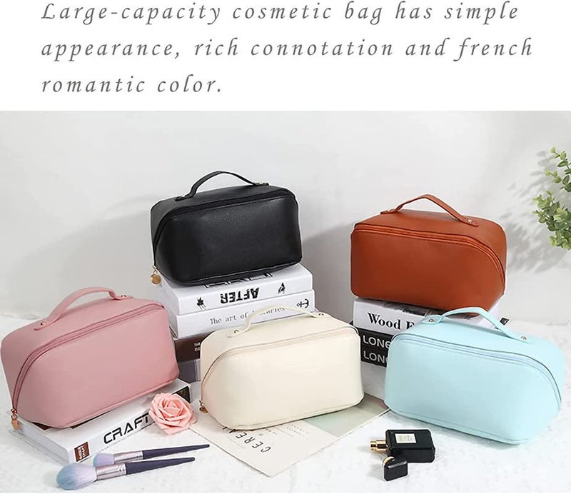 XIVUMN Large Capacity 12 Cms Cosmetic Bag Womens Makeup Travel Bag Portable Leather Cosmetics Bag Makeup Storage Bags With Handle And Divider Wide Opening Cosmetic Organizer Bags Brown - Image 4