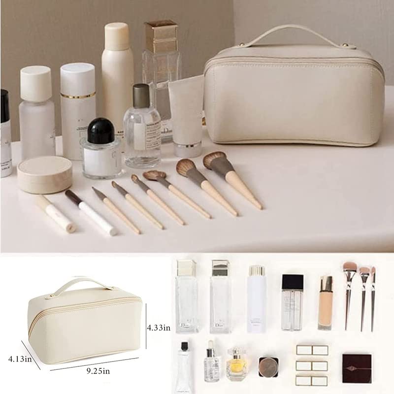XIVUMN Large Capacity 12 Cms Cosmetic Bag Womens Makeup Travel Bag Portable Leather Cosmetics Bag Makeup Storage Bags With Handle And Divider Wide Opening Cosmetic Organizer Bags Brown - Image 3