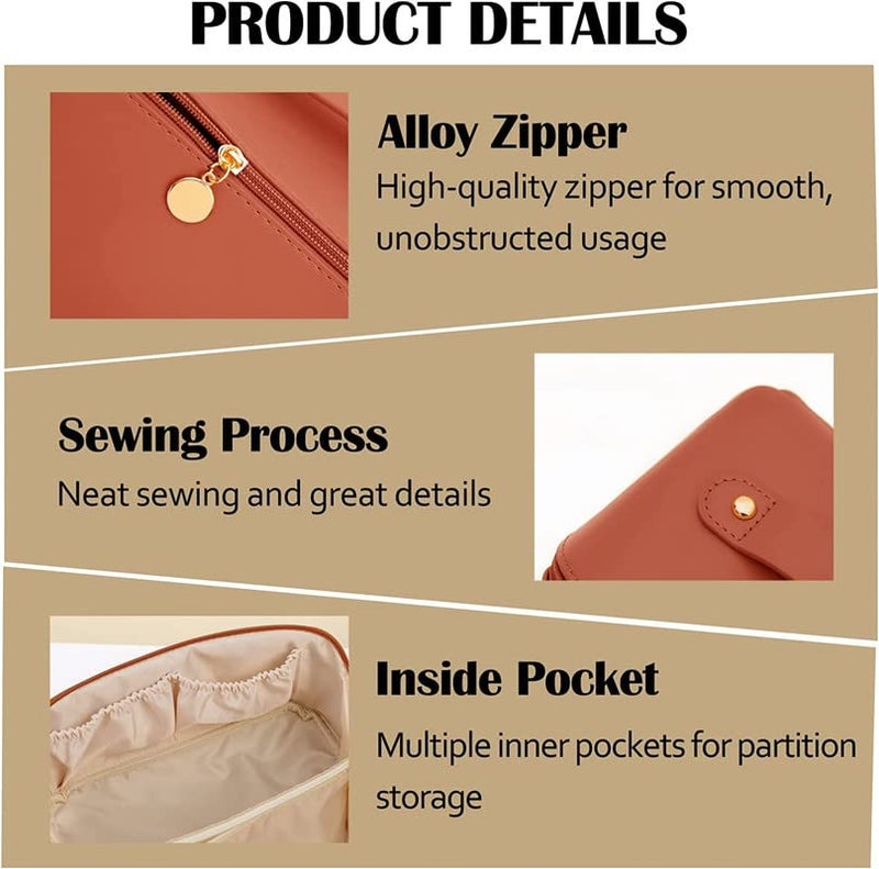 XIVUMN Large Capacity 12 Cms Cosmetic Bag Womens Makeup Travel Bag Portable Leather Cosmetics Bag Makeup Storage Bags With Handle And Divider Wide Opening Cosmetic Organizer Bags Brown - Image 5