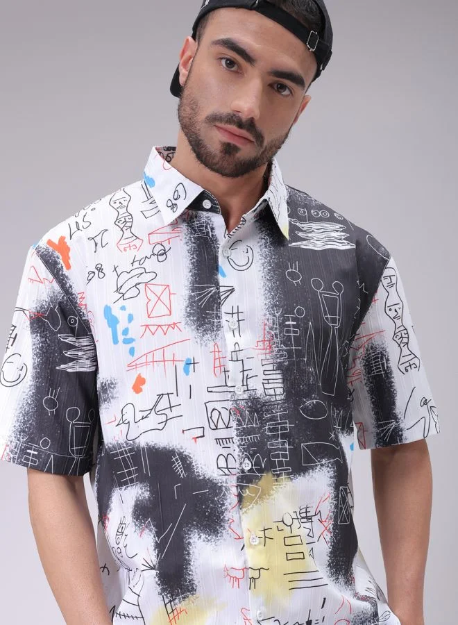 Men Boxy Fit Kidult Printed Half Sleeves Cutaway Collar Street Wear Shirt