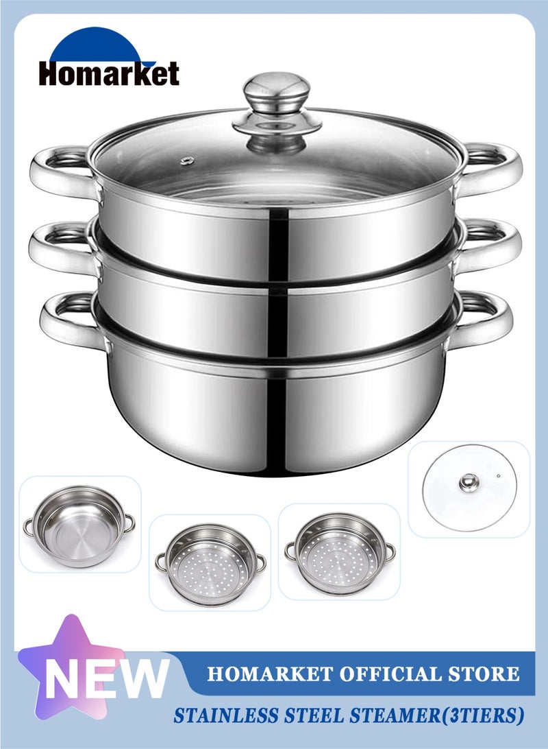 HomarKet 3-Tier Stainless Steel Steamer For Cooking, 11.8 Inch Multi-Layer Steamer Pot With Handles On Both Sides, Steamer Capsule Bottom With Glass Lid - Dumpling Steamer Food, Steam Pot, Veggie Steamer - Image 1