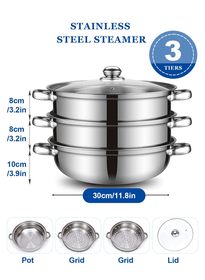 HomarKet 3-Tier Stainless Steel Steamer For Cooking, 11.8 Inch Multi-Layer Steamer Pot With Handles On Both Sides, Steamer Capsule Bottom With Glass Lid - Dumpling Steamer Food, Steam Pot, Veggie Steamer - Image 2