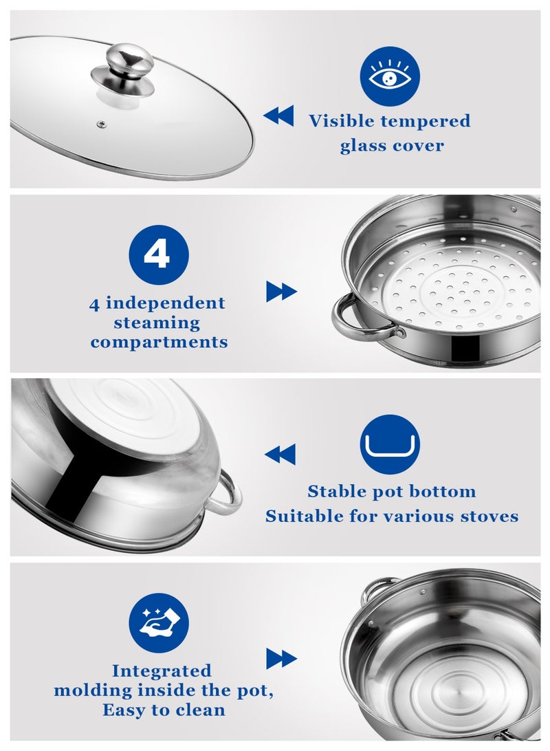 HomarKet 3-Tier Stainless Steel Steamer For Cooking, 11.8 Inch Multi-Layer Steamer Pot With Handles On Both Sides, Steamer Capsule Bottom With Glass Lid - Dumpling Steamer Food, Steam Pot, Veggie Steamer - Image 3