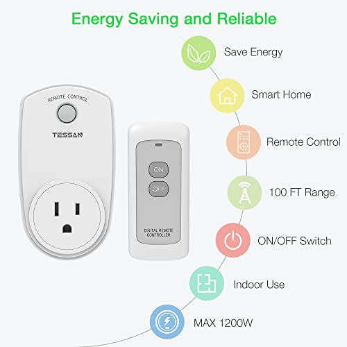 TESSAN Remote Control Outlet, TESSAN Wireless Electrical Plug Switch for Lights, Lamps, Fans, 100ft RF Range, 1200W (1 Remote + 1 Outlet) - Image 3