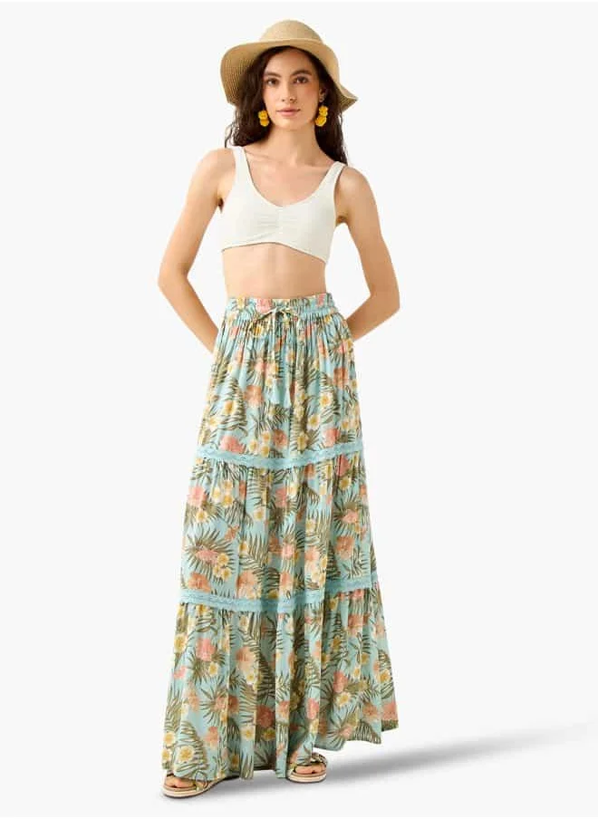 فاف Floral Print Tiered Maxi Skirt with Elasticated Waistband