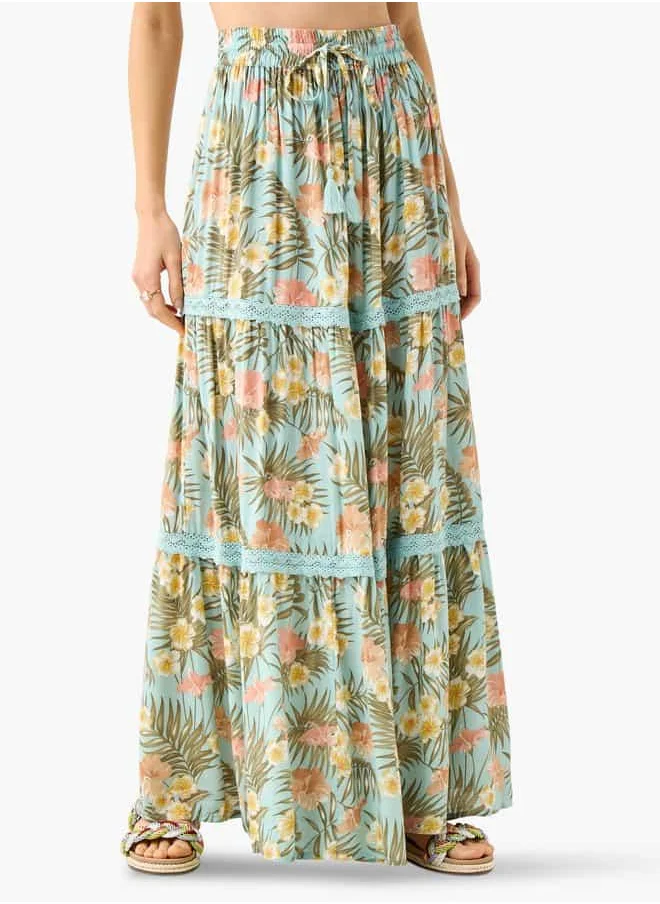 فاف Floral Print Tiered Maxi Skirt with Elasticated Waistband