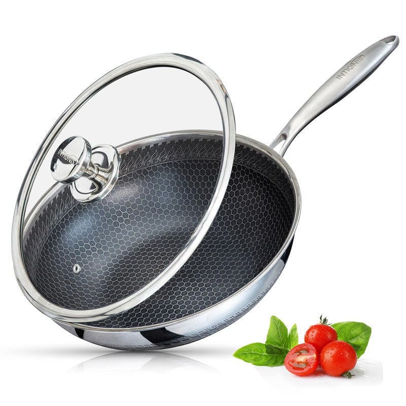 ووك INTIGNIS مع غطاء آمن للفرن مضاد للخدش للمطبخ للقلي والشوي والتحميص 30 سم مقلاة من الفولاذ المقاوم للصدأ بتقنية GREBLON الألمانية غير اللاصقة