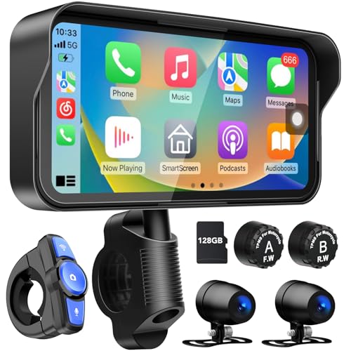 LBW Portable Motorcycle Dash Cam, Wireless Motorcycle CarPlay & Android Auto, Motorbike TPMS GPS Navigation, 6.25" IP67 Waterproof Touch Screen, Remote Control, Dual HD 1080P Cameras, Free SD 128GB - Image 1