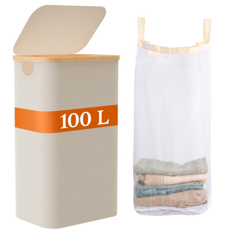 JOLLYIN Laundry Baskest with Lid, 100L Large Tall Laundry Hamper with Removable Bag, Collapsible Laundry Hamper for Bedroom, Bathroom, Dorm, Laundry Room, Beige - Image 1