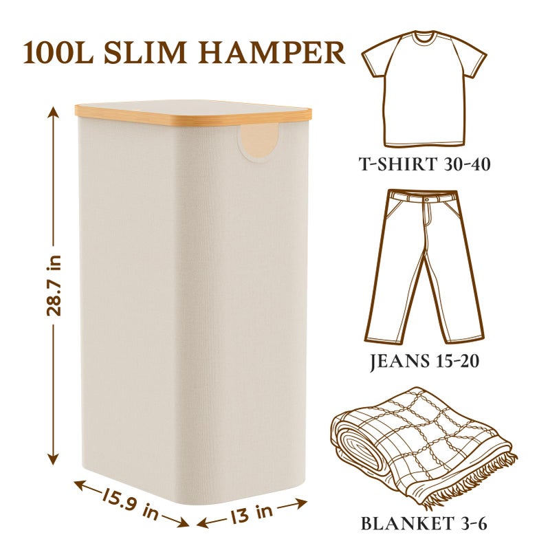 JOLLYIN Laundry Baskest with Lid, 100L Large Tall Laundry Hamper with Removable Bag, Collapsible Laundry Hamper for Bedroom, Bathroom, Dorm, Laundry Room, Beige - Image 2