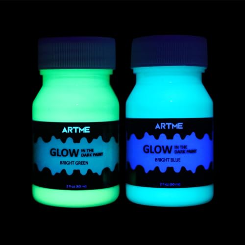 ARTME Glow in The Dark Paint Set of Green and Blue Colors (60ml/2oz each) Acrylic Paint Perfect for Art Painting, DIY Projects, Halloween Decorations - Image 1