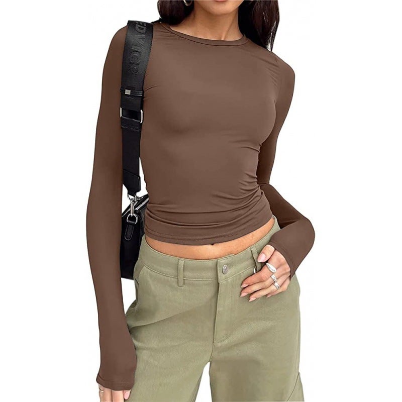 2024 European and American Womens Autumn All-match Irregular Slim Base Top T-shirt Round Neck Solid Color Slim Long Sleeve dark brown