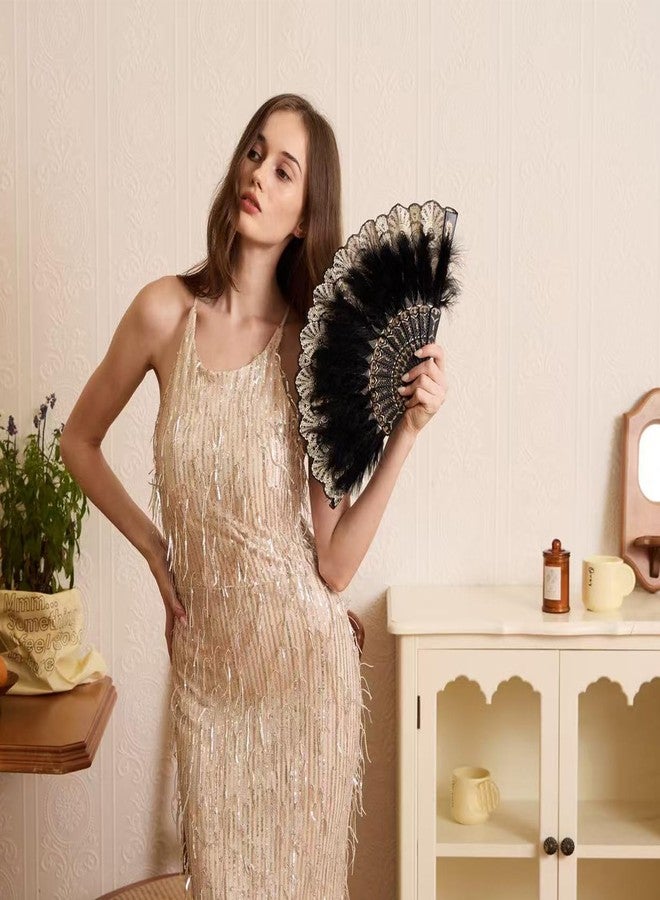 HAPPY FEATHER مروحة يدوية من ريش المارابو المطرز بالزهور من Happy Feather، بتصميم كلاسيكي مستوحى من عشرينيات القرن الماضي، مثالية لحفلات الرقص والأزياء التنكرية - أسود - Image 4