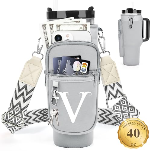 LOKASS Personalized Water Bottle Holder with Strap for Stanley Cup Accessories 40 oz Initial for Stanley Cup Holder Carrier Bag with Phone Pocket Everyday Carry Tumbler Accessories Gray - Image 1
