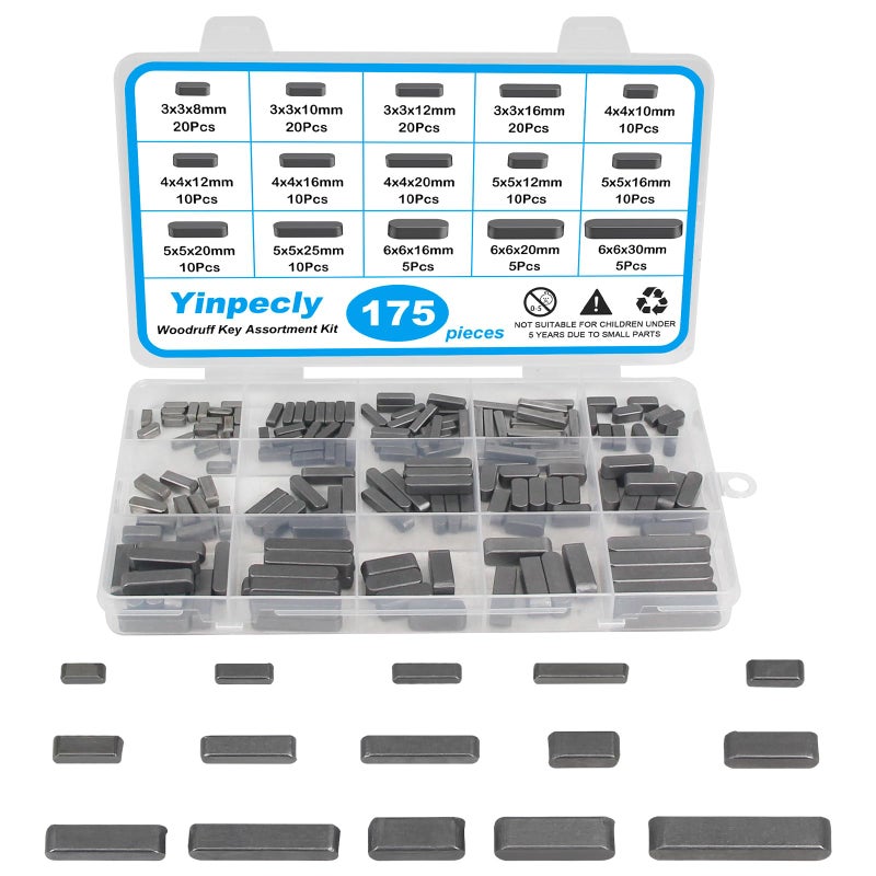Yinpecly 175pcs Woodruff Key Stock Assortment 15 Size Popular Sizes Carbon Steel Round Ended Feather Key Parallel Drive Shaft Keys Set Kit for Fasteners Mechanical Industry Crankshaft - Image 3
