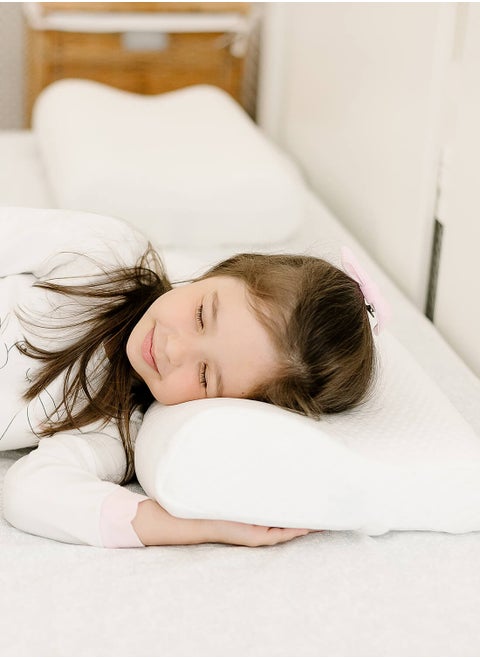 The Memory Contour pillow for children is 48 × 26 × 6-8.8cm, made of high quality and hypoallergenic memory foam.