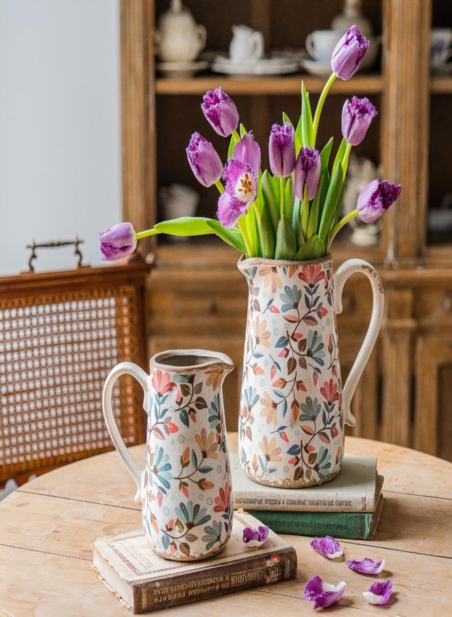 TEWEIQI Floral Ceramic Pitcher Vase with Handle, French Farmhouse Rustic Style Home Decoration Centerpiece Table Decoration Wedding Gift, Gift for Mother, Height 9'' (Colorful Flower) - Image 2