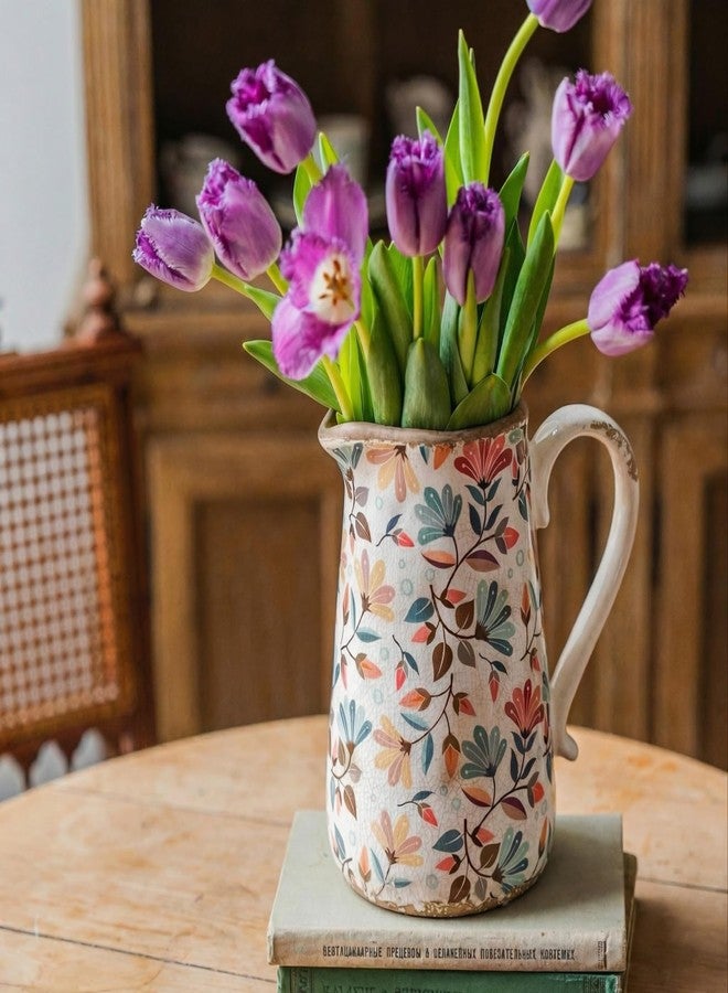 TEWEIQI Floral Ceramic Pitcher Vase with Handle, French Farmhouse Rustic Style Home Decoration Centerpiece Table Decoration Wedding Gift, Gift for Mother, Height 9'' (Colorful Flower) - Image 1
