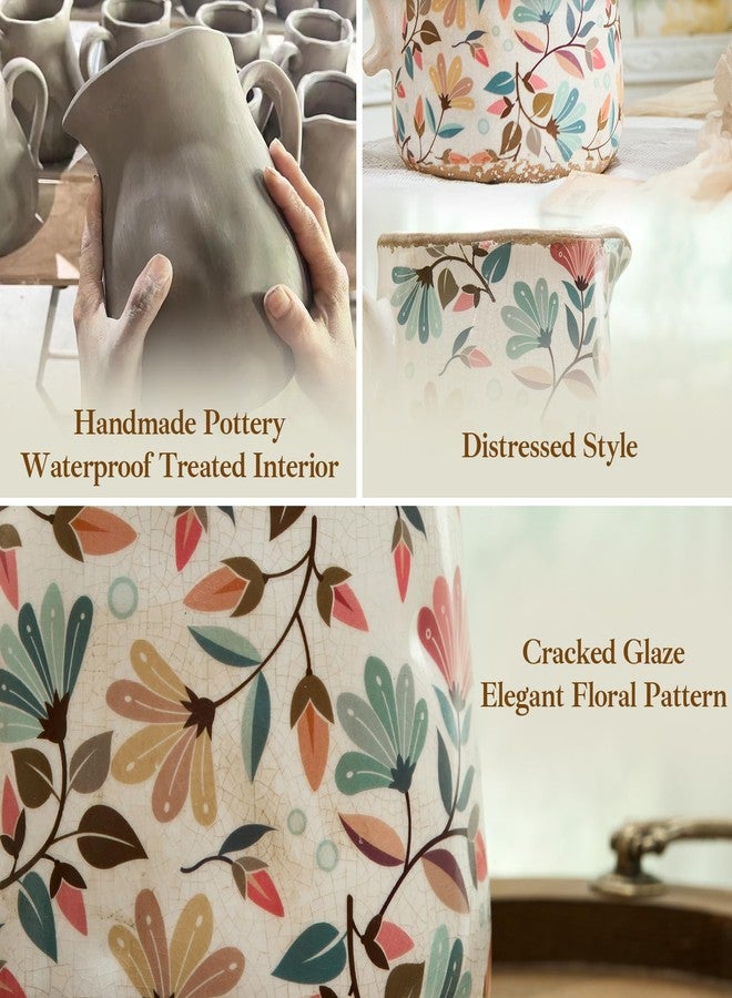 TEWEIQI Floral Ceramic Pitcher Vase with Handle, French Farmhouse Rustic Style Home Decoration Centerpiece Table Decoration Wedding Gift, Gift for Mother, Height 9'' (Colorful Flower) - Image 3