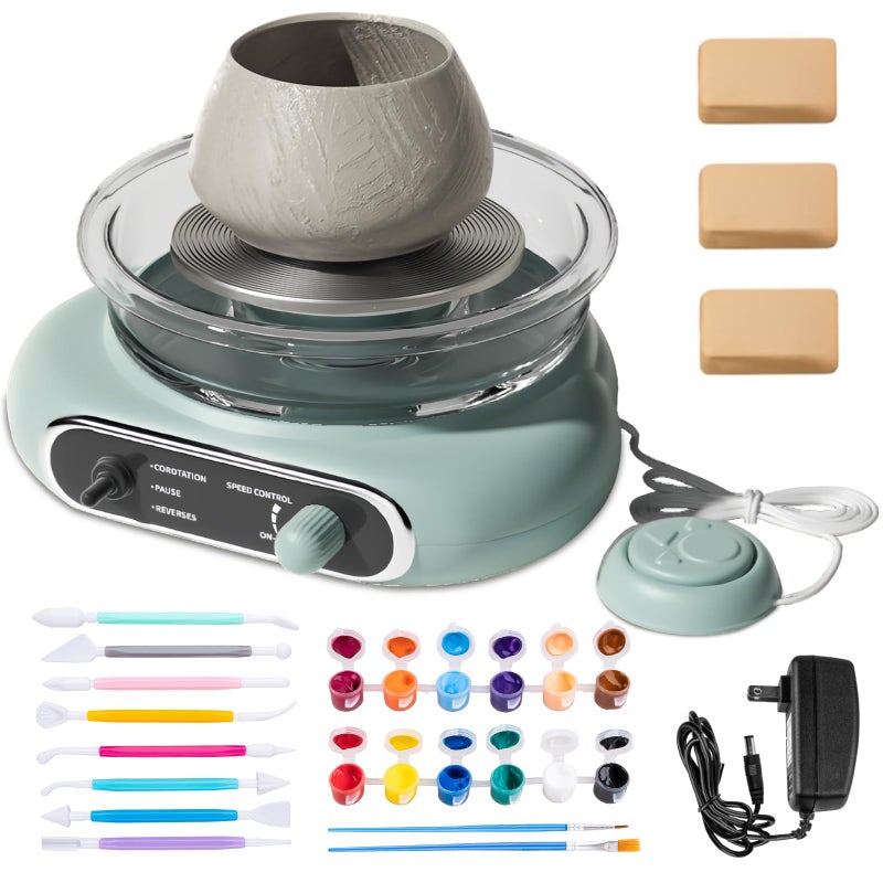 KACOLA Mini Pottery Wheel Electric Pottery Wheel with 47inch Turntable AirDried Clay and 8Pcs Pottery Tools Adjustable Speed and Direction Suitable for Ceramic Teaching Home Use Green - Image 2