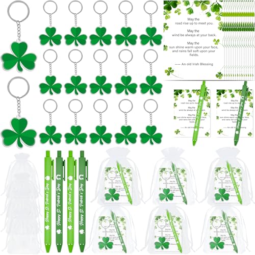 luck sea 18Sets St.Patrick's Day Gifts Bulk for Adults, Saint Patricks Green Ballpoint Pens Shamrock Keychain Accessories Irish Blessing Cards Goodie Bag Fillers for Office Birthday Party Favors Supplies - Image 1