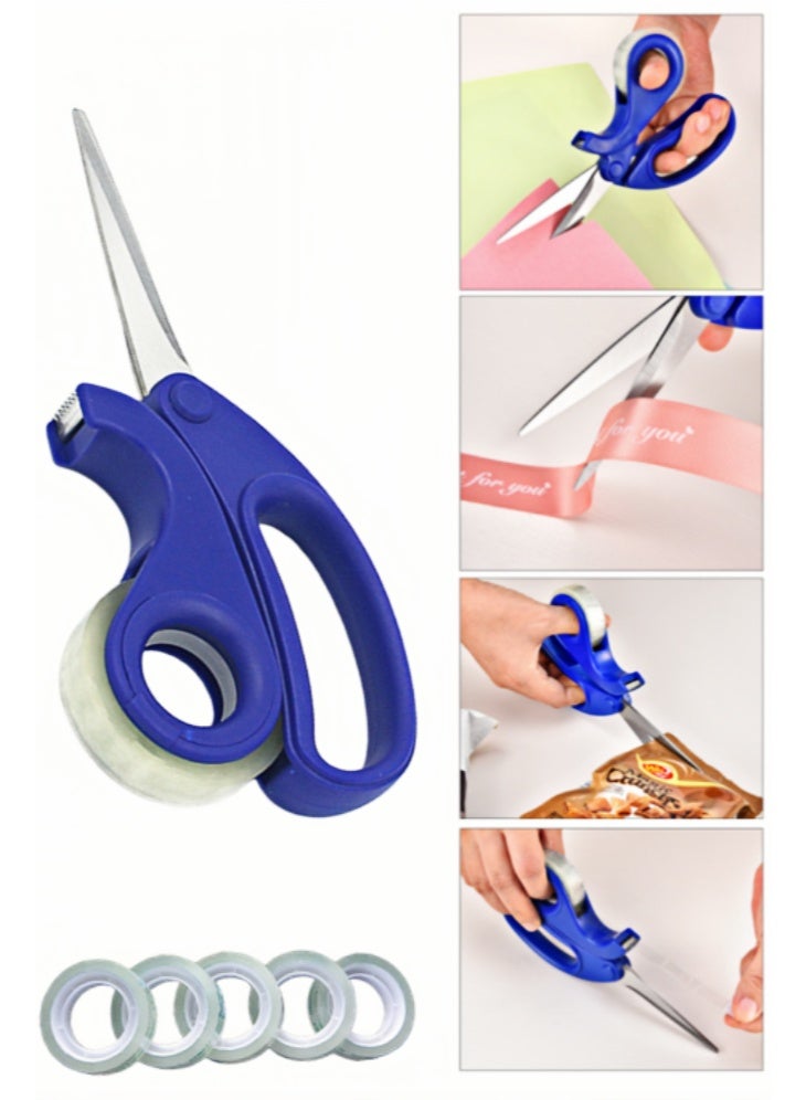 Scissors & Integrated Transparent Tape Dispenser Cutter,Desktop Tape Dispenser for Gift Wrapping ,Office/Home/School Use (Includes 5 Rolls of Tape) - Image 1