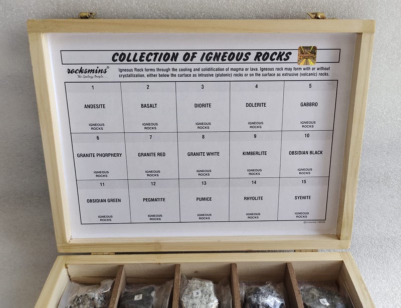 Rocksmins IR15WB Collection Set of 15 Igneous Rocks in Wooden Box 15 Big Specimens for Students of School College Education Igneous Sedimentary Metamorphic samples collections introductory activity volcanic stones - Image 5