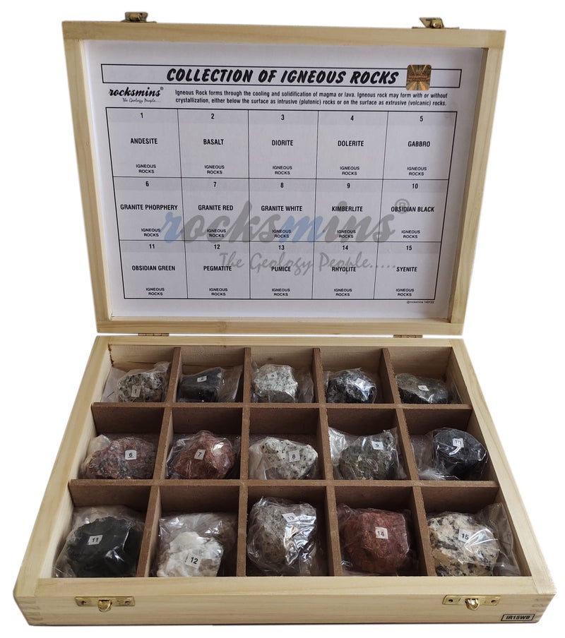 Rocksmins IR15WB Collection Set of 15 Igneous Rocks in Wooden Box 15 Big Specimens for Students of School College Education Igneous Sedimentary Metamorphic samples collections introductory activity volcanic stones - Image 3