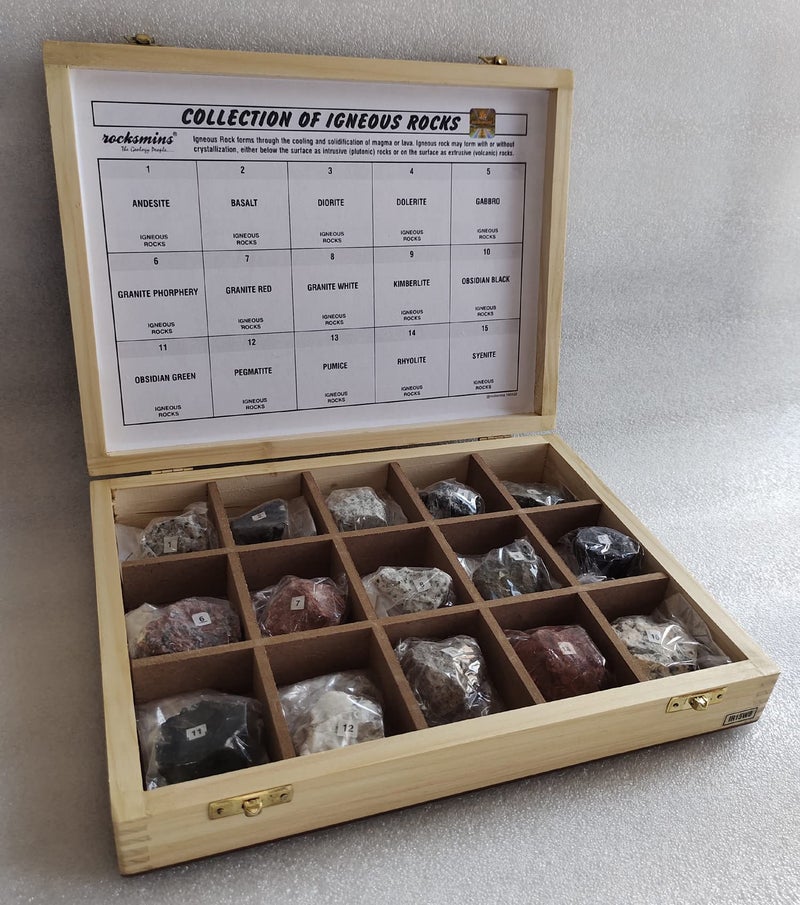 Rocksmins IR15WB Collection Set of 15 Igneous Rocks in Wooden Box 15 Big Specimens for Students of School College Education Igneous Sedimentary Metamorphic samples collections introductory activity volcanic stones - Image 2