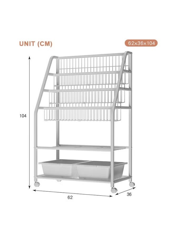 Kids Book Storage Rack, With 2-Layer Storage, And Two Toy Storage Boxes, With Universal Wheels That Can Be Moved At Will, White