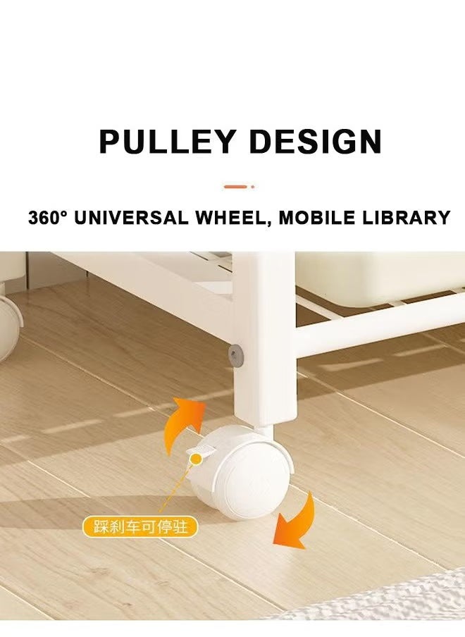 Kids Book Storage Rack, With 2-Layer Storage, And Two Toy Storage Boxes, With Universal Wheels That Can Be Moved At Will, White