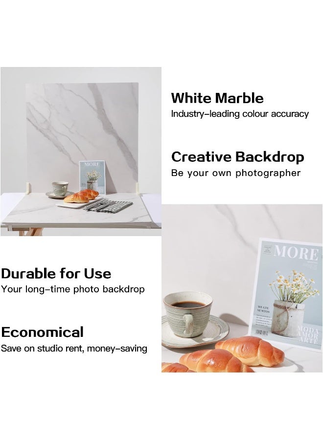 BPA 2 Marble 24x24in Photography Backdrop Boards with 2 PCS Bracket for Flat Lay or Food Photography Background Marble and White Backdrop Photo Table Backdrop - Image 2