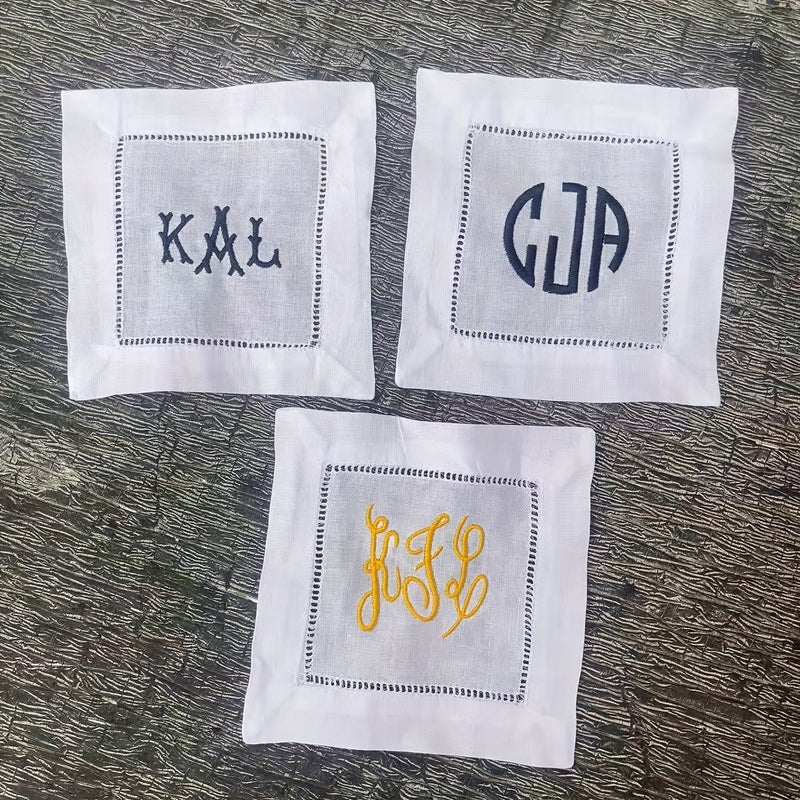 Personalized Embroidered White Linen Cocktail Napkins Blue Thread Font 2 - Image 2
