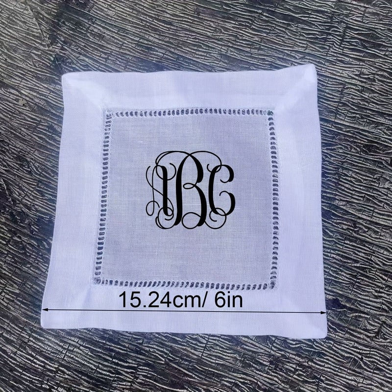 Personalized Embroidered White Linen Cocktail Napkins Blue Thread Font 2 - Image 3