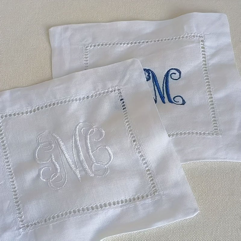 Personalized Embroidered White Linen Cocktail Napkins Blue Thread Font 2 - Image 1