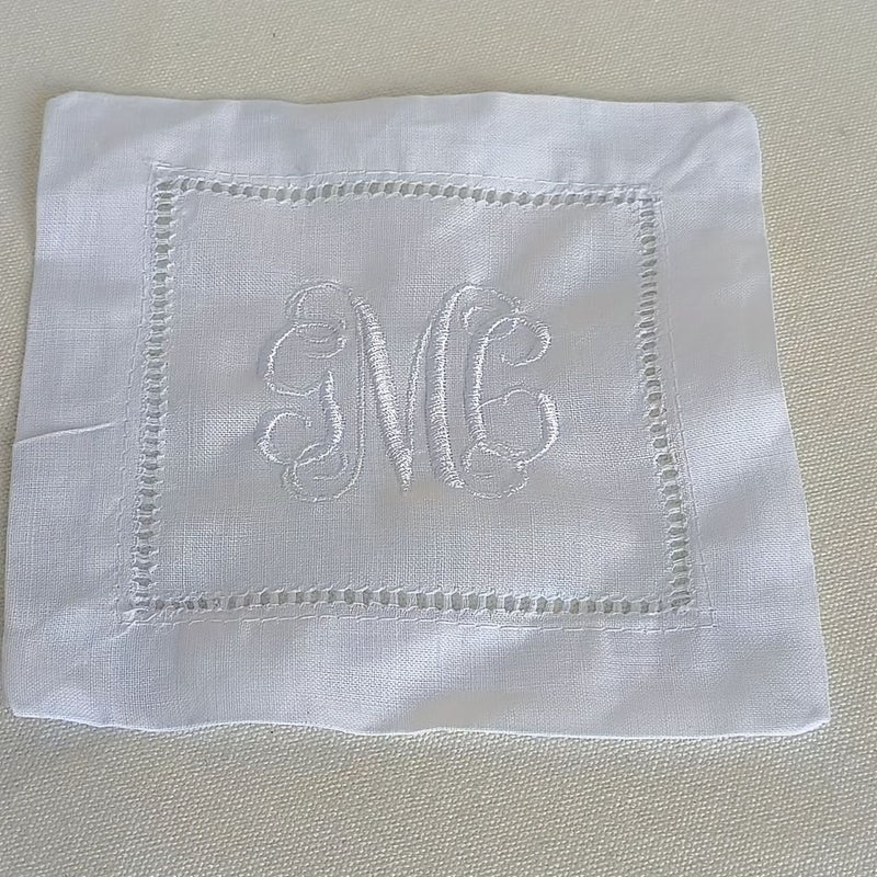 Personalized Embroidered White Linen Cocktail Napkins Blue Thread Font 2 - Image 4