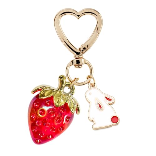 Agromusk Cute Strawberry Keychain,Bag Charms,Kawaii Heart Flower Daisy Key chains Accessories Decor for Girls Purse Gift (Bunny Clear Red) - Image 2