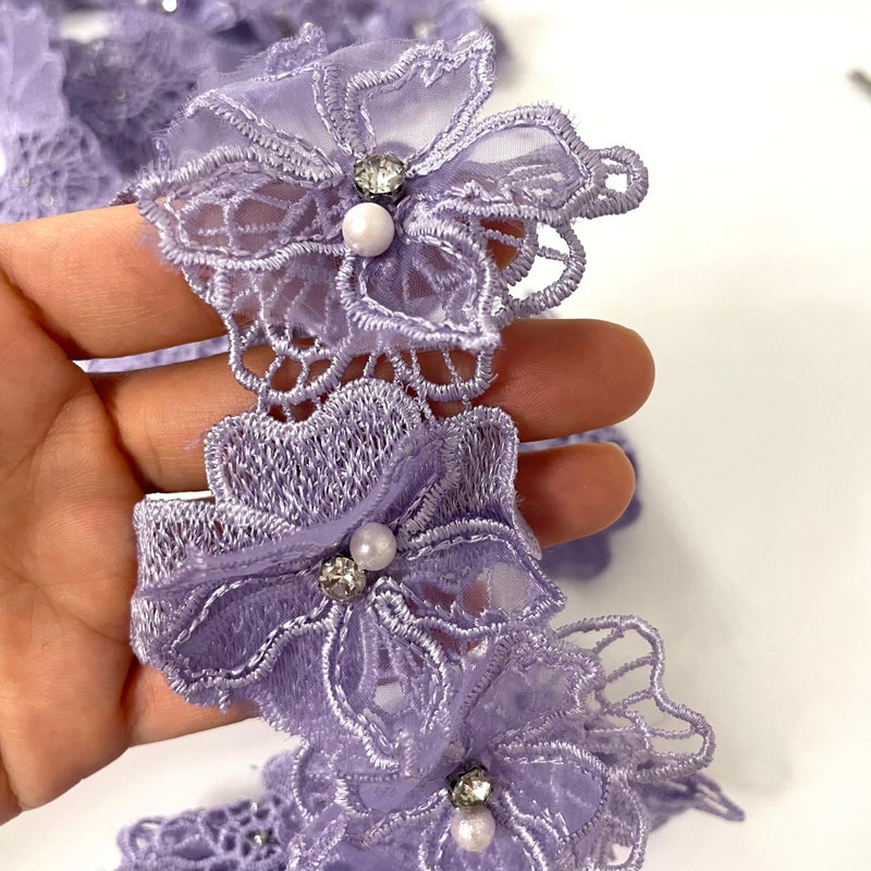 Buysk 2 Yards 3D Pearl Beads Flower Lace Trim Ribbon Floral Applique Embroidered Lace Fabric for Sewing DIY Crafts (Purple) - Image 4