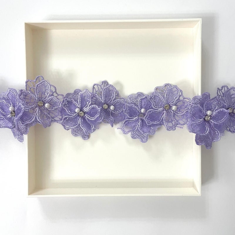 Buysk 2 Yards 3D Pearl Beads Flower Lace Trim Ribbon Floral Applique Embroidered Lace Fabric for Sewing DIY Crafts (Purple) - Image 3
