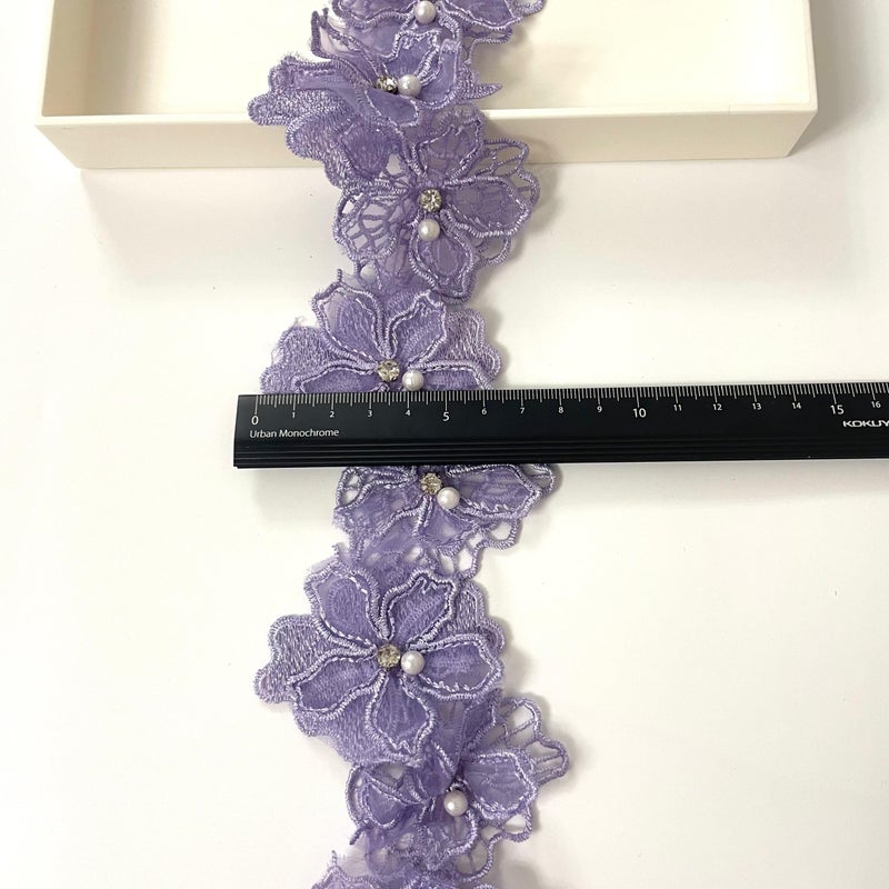 Buysk 2 Yards 3D Pearl Beads Flower Lace Trim Ribbon Floral Applique Embroidered Lace Fabric for Sewing DIY Crafts (Purple) - Image 2