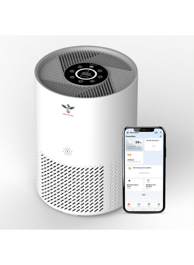 Novitson Air Purifier for Home | H13 True HEPA Filter | CADR 350m³/h | Covers 45 sqm | WiFi Smart Control | Auto & Sleep Mode | Air Quality Indicator | Ionizer | Child Lock NAP-7350W , White - Image 1