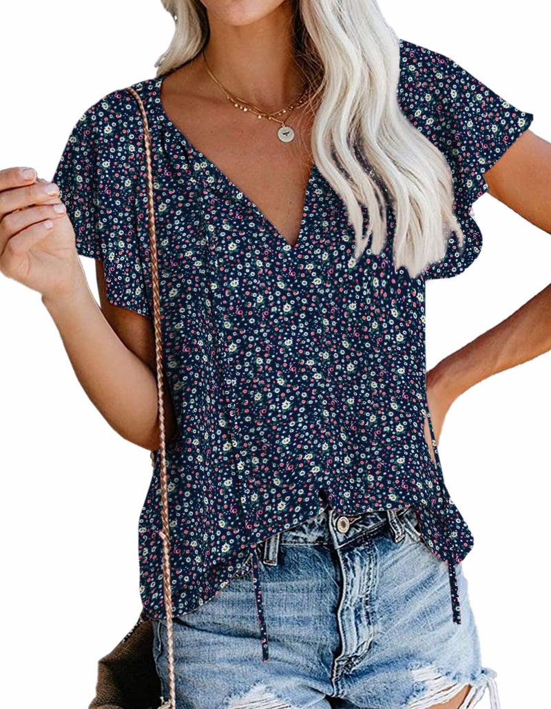 SimpleFun Womens Bobo Floral Tops Casual Short Sleeve Vneck Peasant Loose Summer Shirts (Navy Blue,M) - Image 1