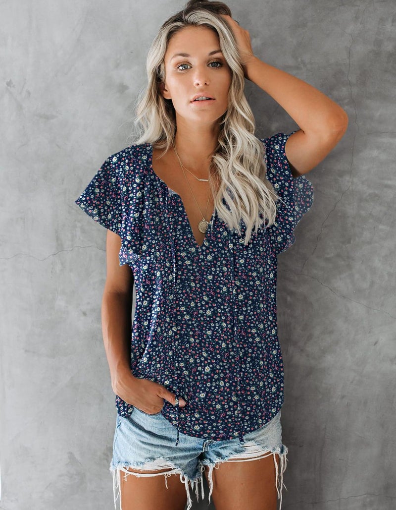 SimpleFun Womens Bobo Floral Tops Casual Short Sleeve Vneck Peasant Loose Summer Shirts (Navy Blue,M) - Image 3