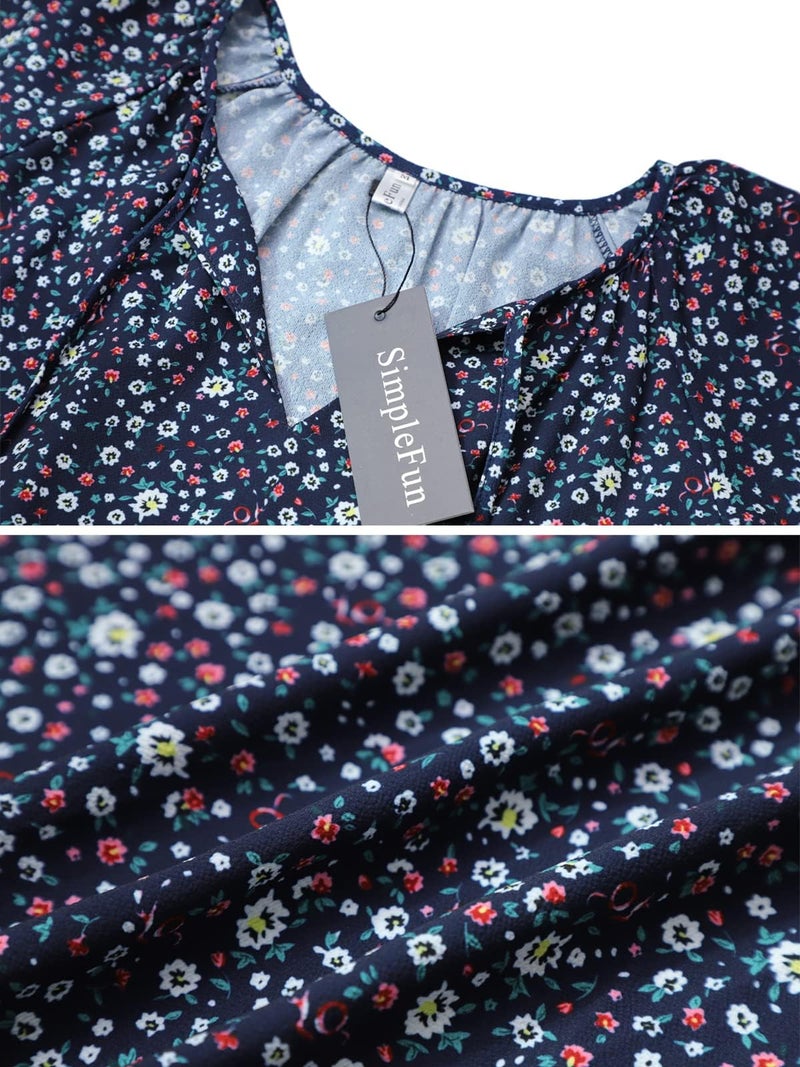 SimpleFun Womens Bobo Floral Tops Casual Short Sleeve Vneck Peasant Loose Summer Shirts (Navy Blue,M) - Image 5