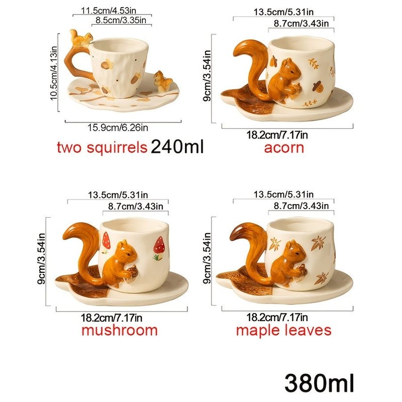 Hand Pinched Creative Ceramic Mugs With Embossed Squirrel Tails And Hand Painted Maple Leaves Mushroom Model - Image 3