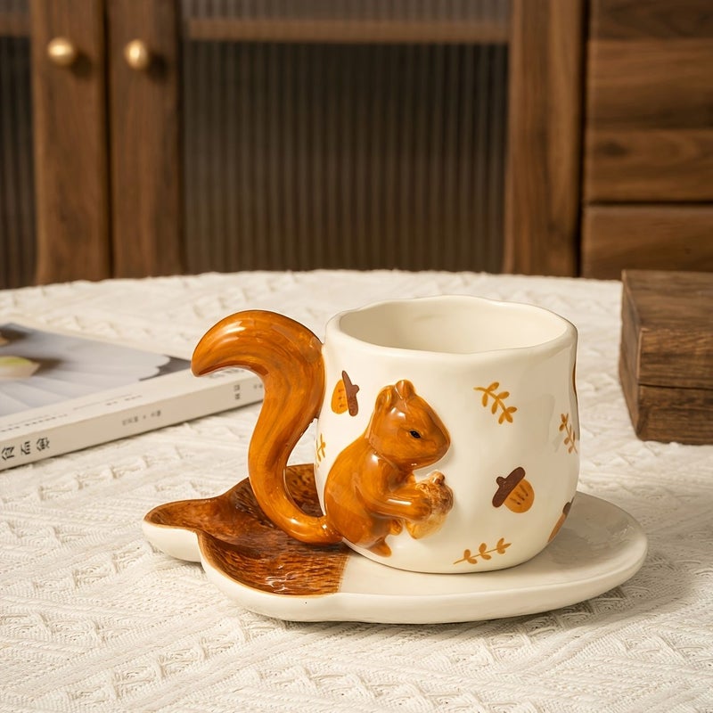 Hand Pinched Creative Ceramic Mugs With Embossed Squirrel Tails And Hand Painted Maple Leaves Mushroom Model - Image 5