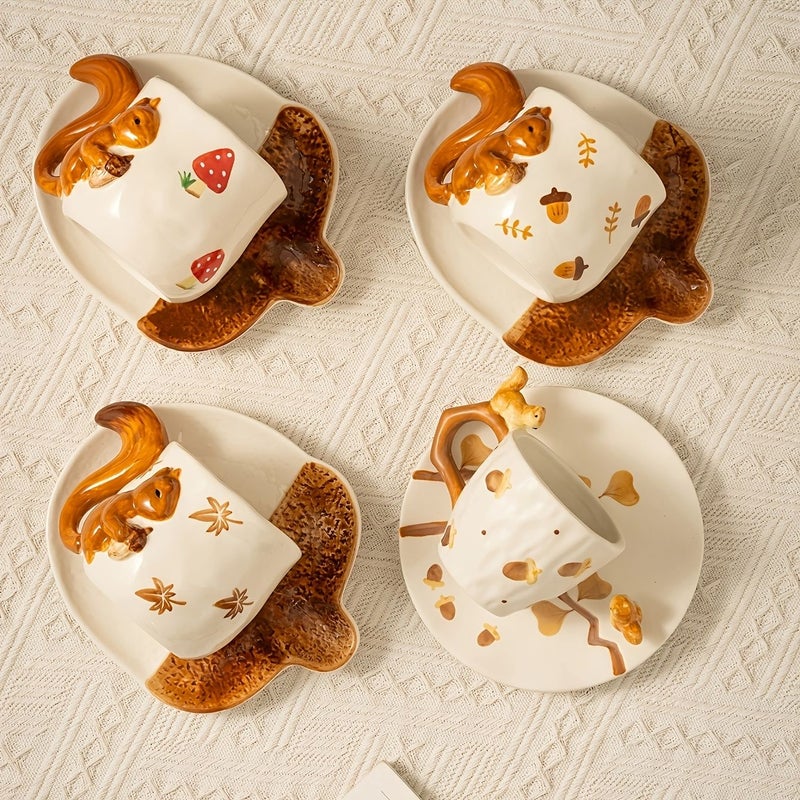 Hand Pinched Creative Ceramic Mugs With Embossed Squirrel Tails And Hand Painted Maple Leaves Mushroom Model - Image 4