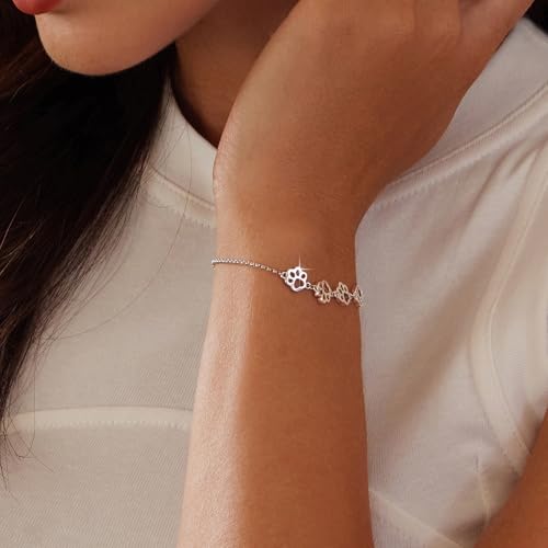 BISAER 925 Sterling Silver Dog Cat Paw Prints Bracelets Cute Cat Bracelet Adjustable Bracelets for Women Dog Pet Lover Gifts Jewelry - Image 2