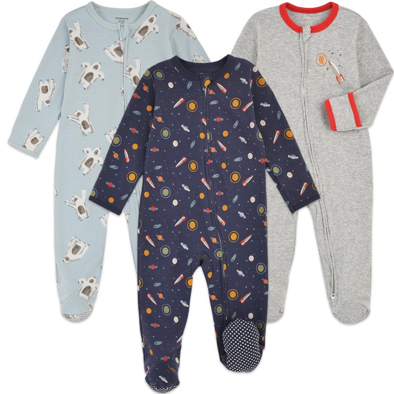 Aablexema Baby Footie Pajama with Mitten Cuffs Double Zipper Infant Cotton clothes Sleeper Pjs Footed Sleep PlaySnow Rocket Space 03 Months